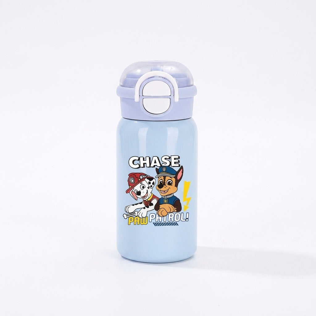 Gourde enfant bleue avec couvercle à poignée, illustration Chase et logo PAW Patrol