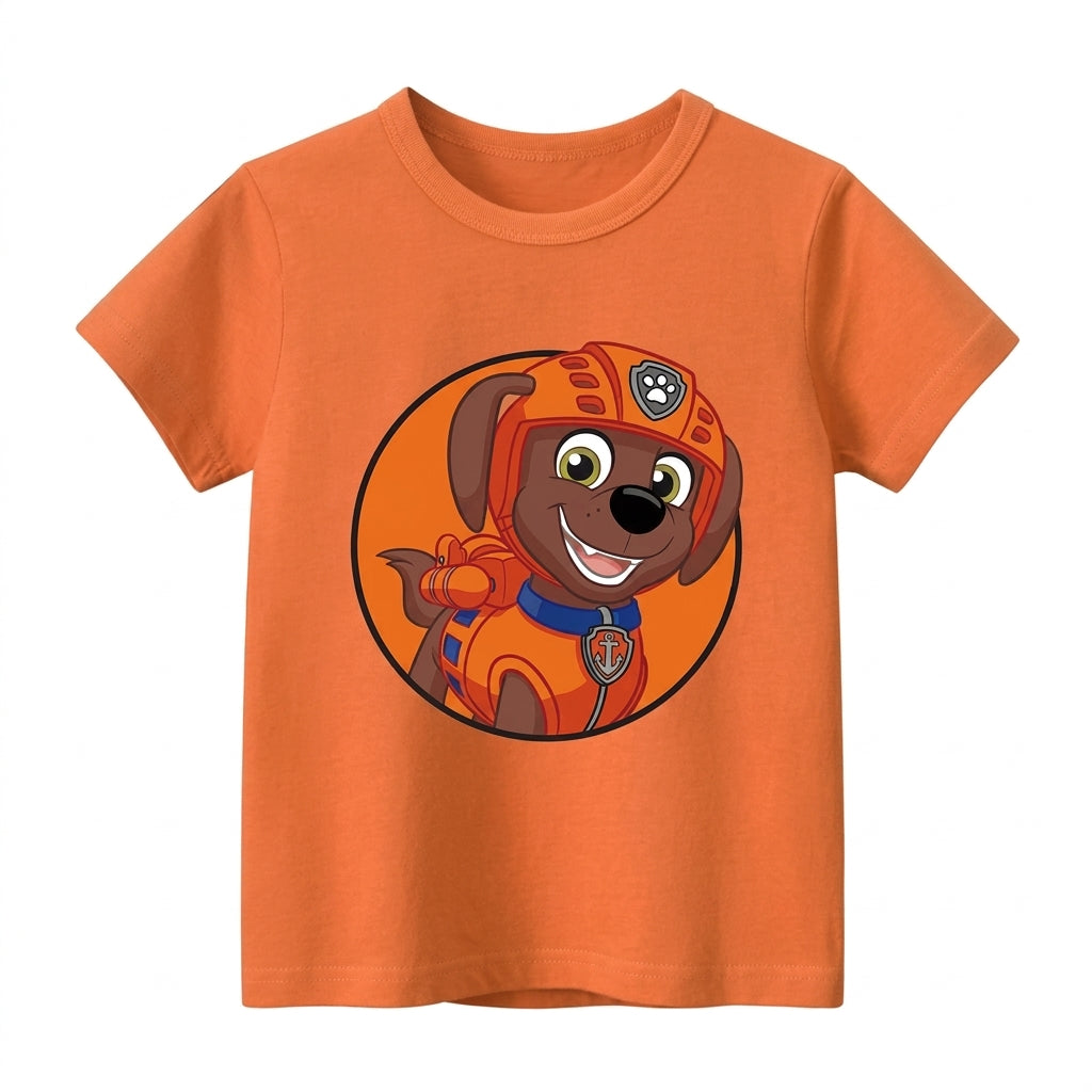 T-Shirt enfant Pat' Patrouille orange motif Zuma, porté par un enfant