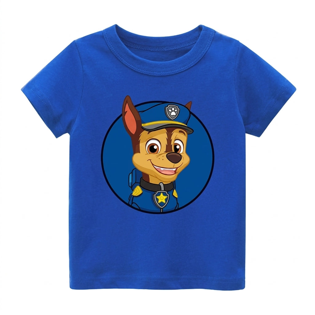 T-Shirt enfant Pat' Patrouille bleu motif Chase, porté par un enfant