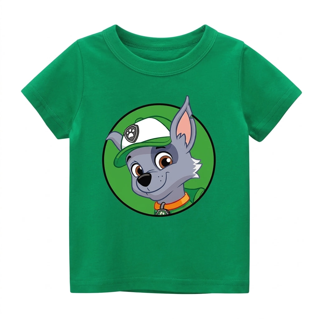 T-Shirt enfant Pat' Patrouille vert motif Rocky, porté par un enfant