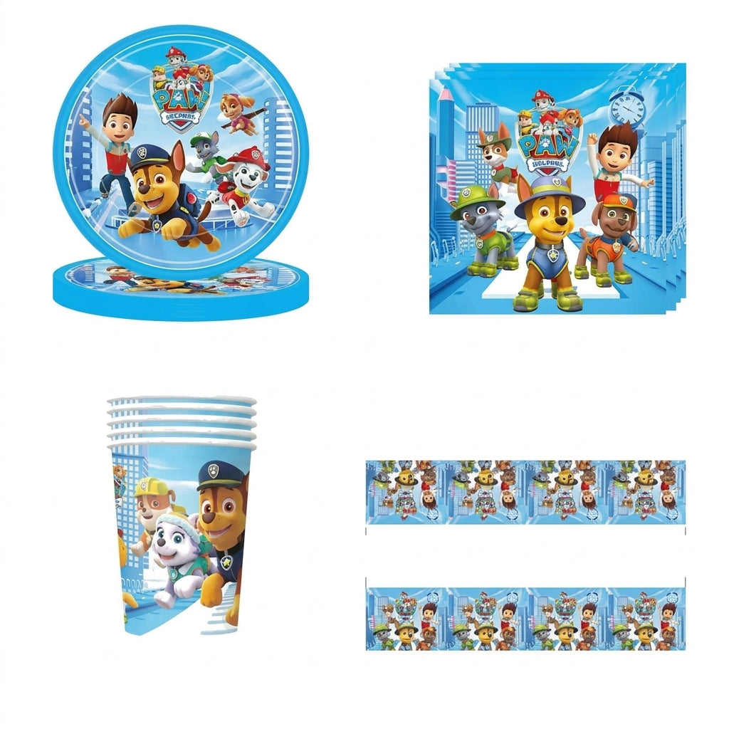 Kit d’anniversaire Pat Patrouille : assiettes, serviettes, gobelets et nappe 61 p.