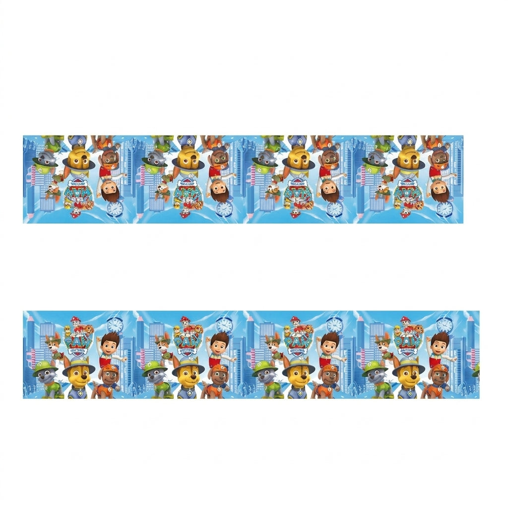 Nappe d’anniversaire Pat Patrouille bleue, motifs de personnages et ballons, format 180×108 cm.