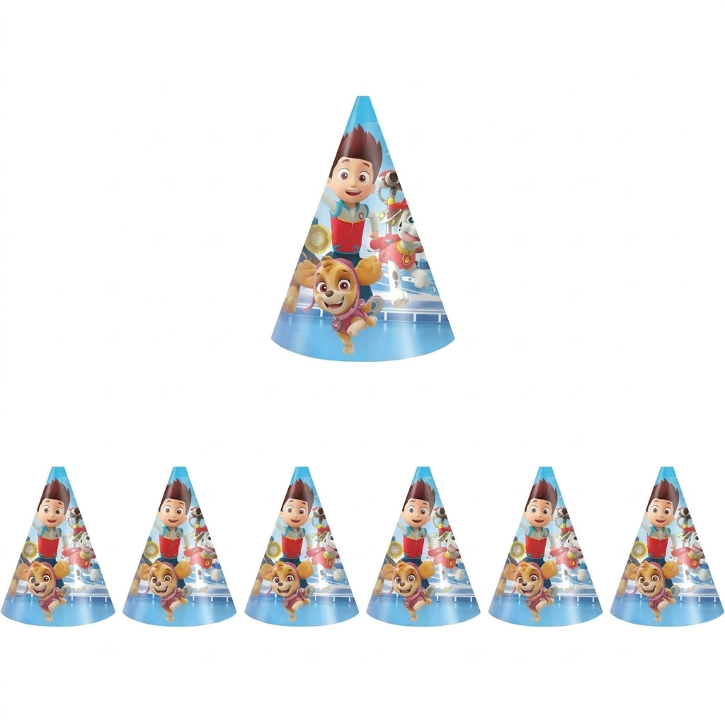 Lot de 6 chapeaux d’anniversaire coniques bleus Pat Patrouille, imprimés personnages