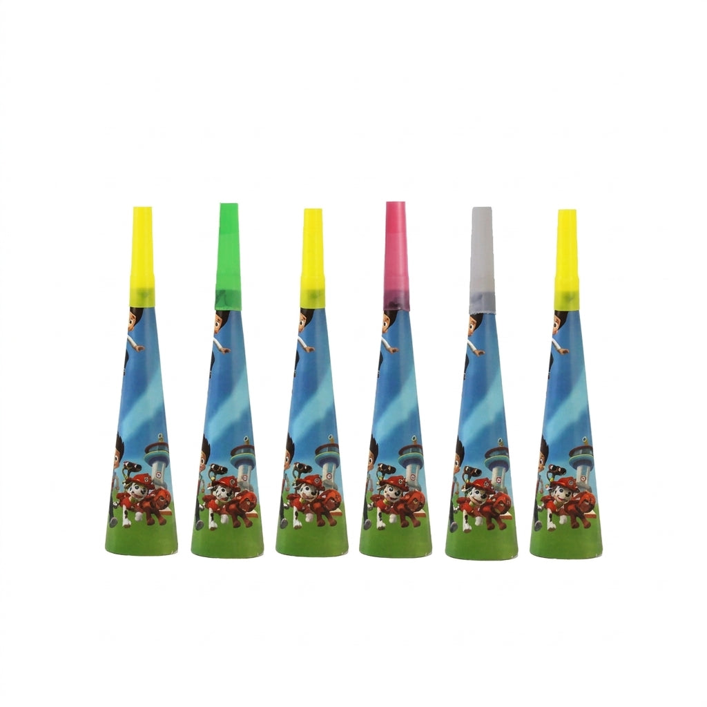 Lot de 6 trompettes d’anniversaire Pat Patrouille, cônes bleus à embouts verts/jaunes/roses