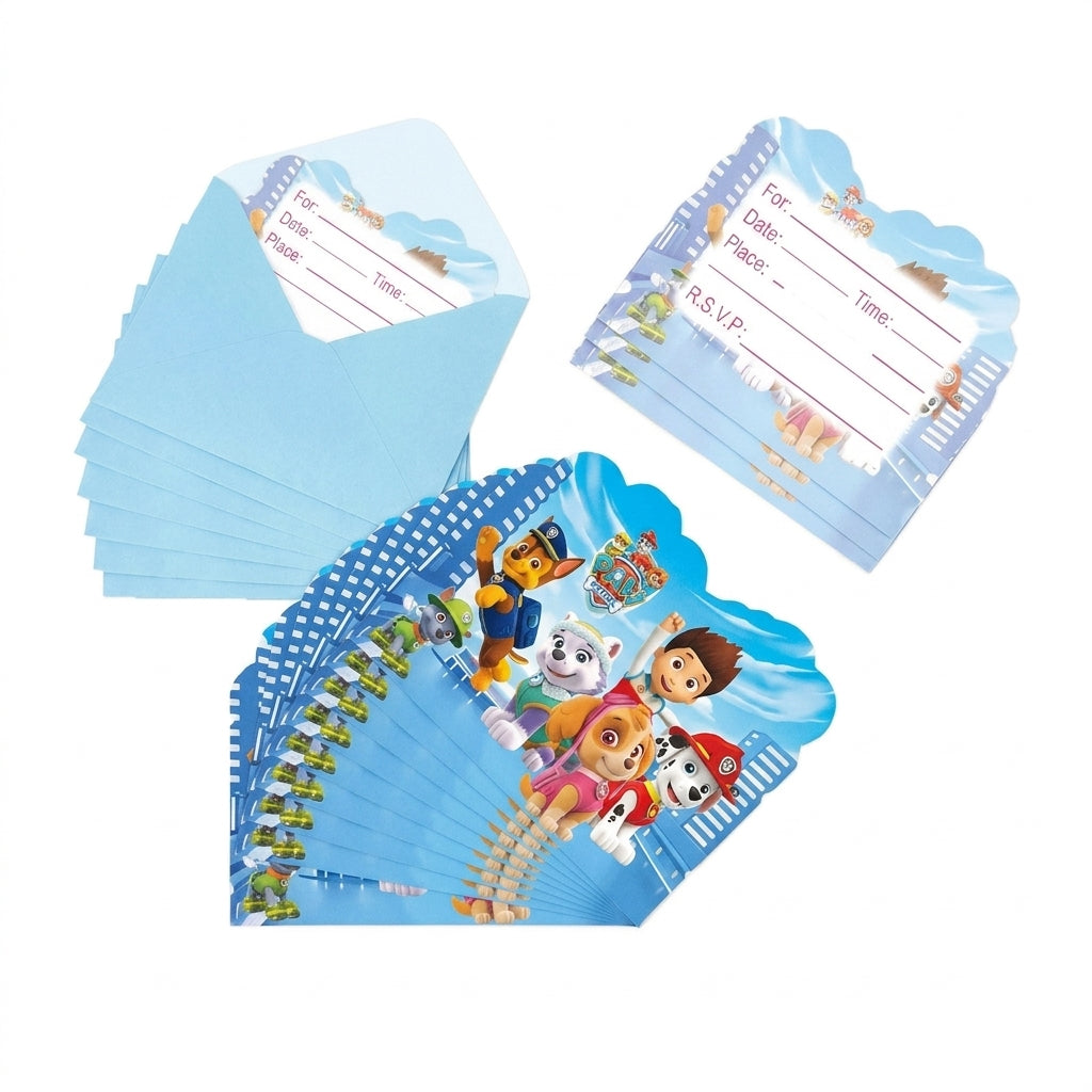 Lot de 10 cartes d’anniversaire Pat Patrouille, illustrations chiens sur fond bleu.