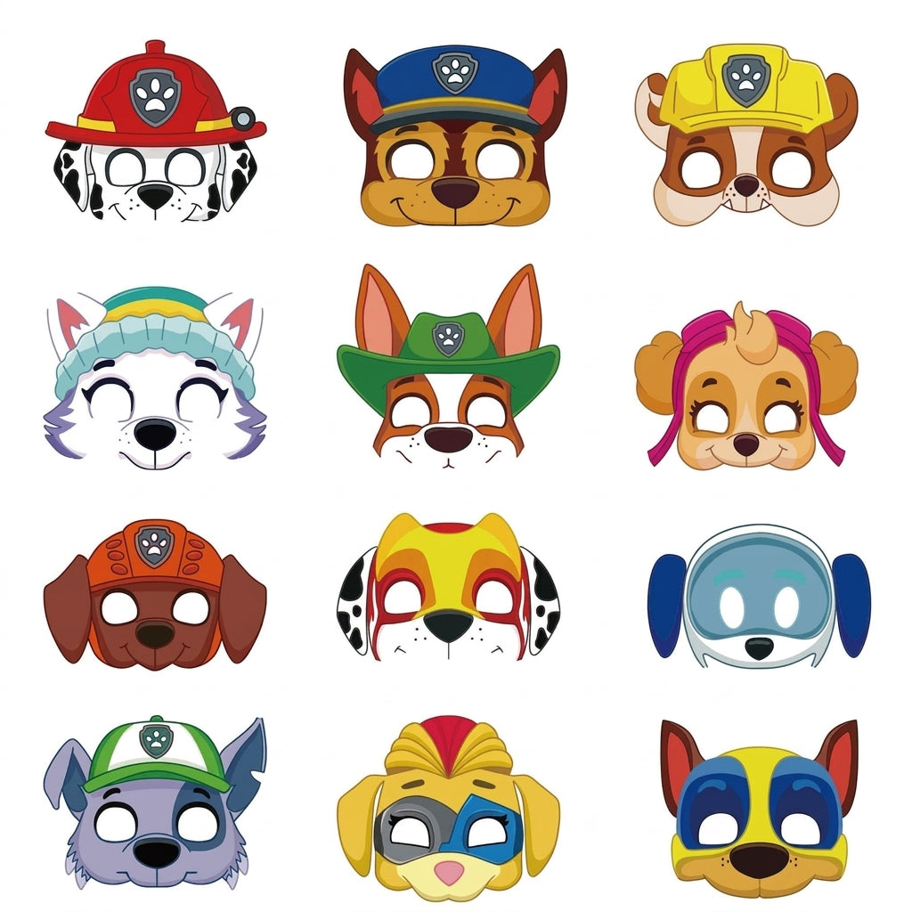 Lot de 12 masques enfant Pat Patrouille, faces d’animaux colorées avec bords et oreilles