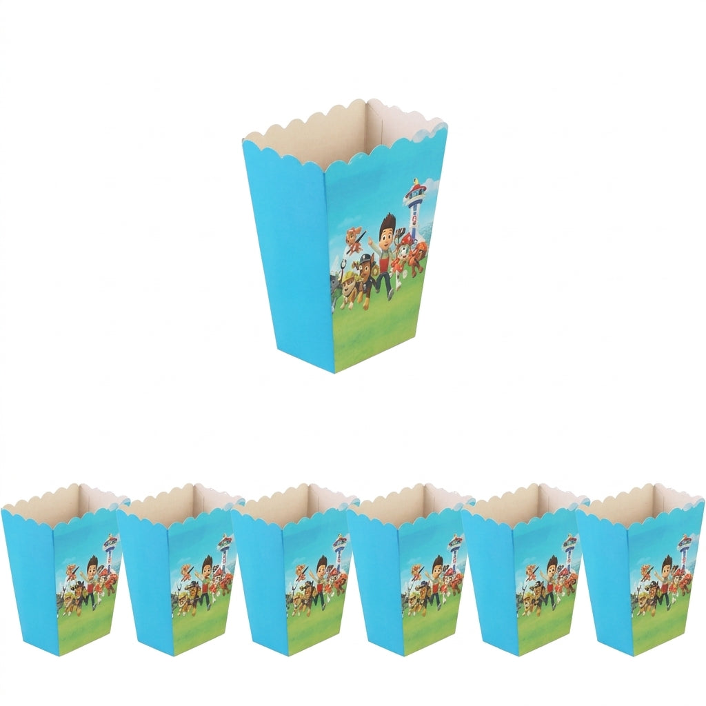 Lot de 6 boîtes à pop-corn Pat Patrouille bleues, motif personnages, bords festonnés.