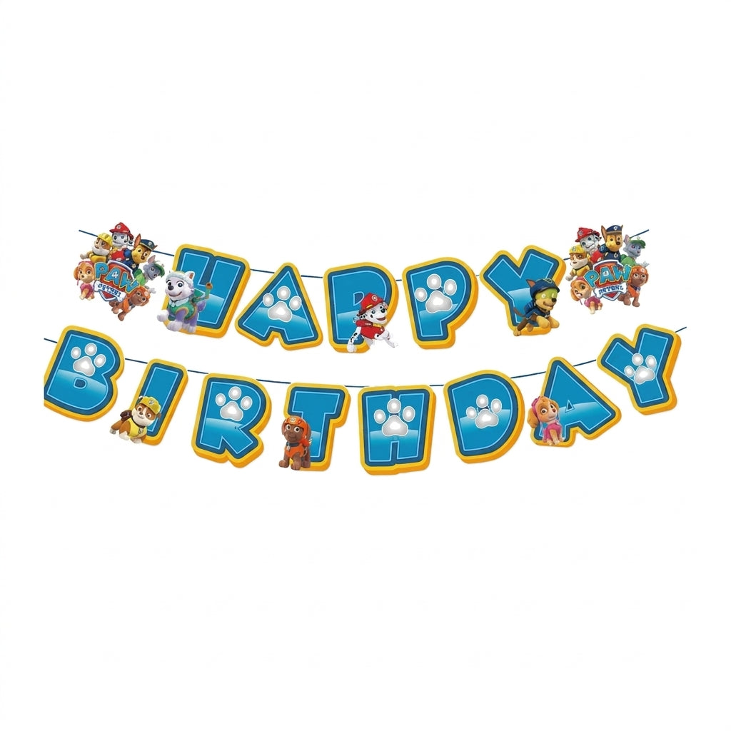 Bannière d’anniversaire en fanions, lettres bleues et personnages Pat Patrouille