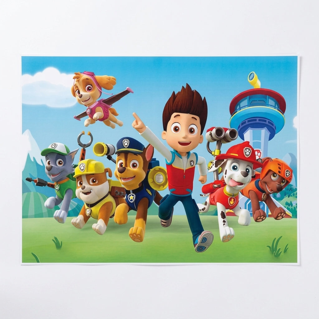 Toile de fond d’anniversaire Pat Patrouille avec chiots dessinés animés en fête