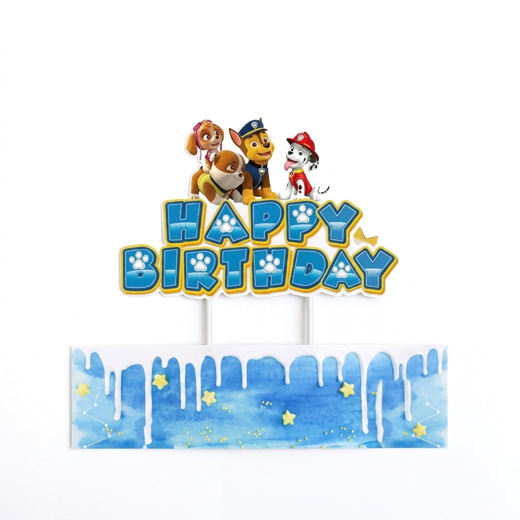 Décoration de gâteau « Happy Birthday » avec figurines Pat Patrouille, fond bleu