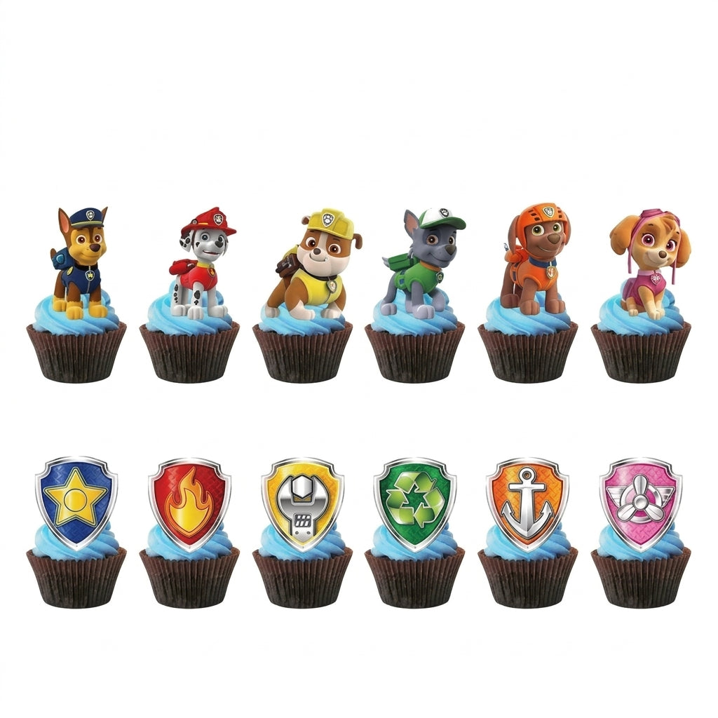 Lot de 24 décorations de cupcakes Pat Patrouille avec personnages et écussons colorés