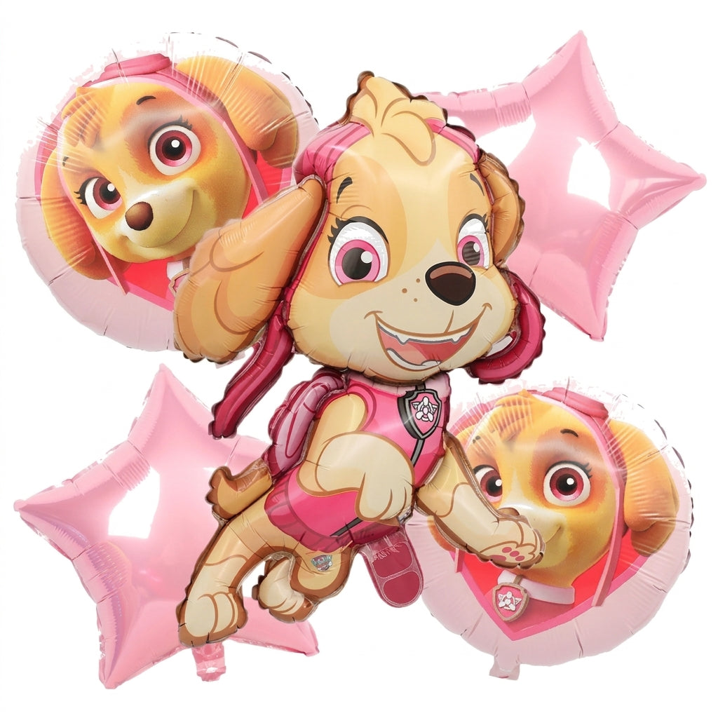 Lot de 5 ballons anniversaire Stella Pat Patrouille, chiens rose et beige, étoile