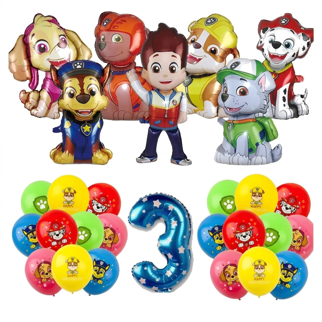 Ballon chiffre Pat Patrouille n°3 avec ballons assortis multicolores