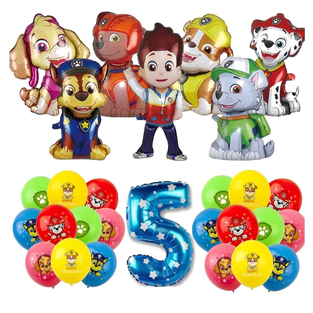 Ballon chiffre Pat Patrouille n°5 avec ballons assortis multicolores