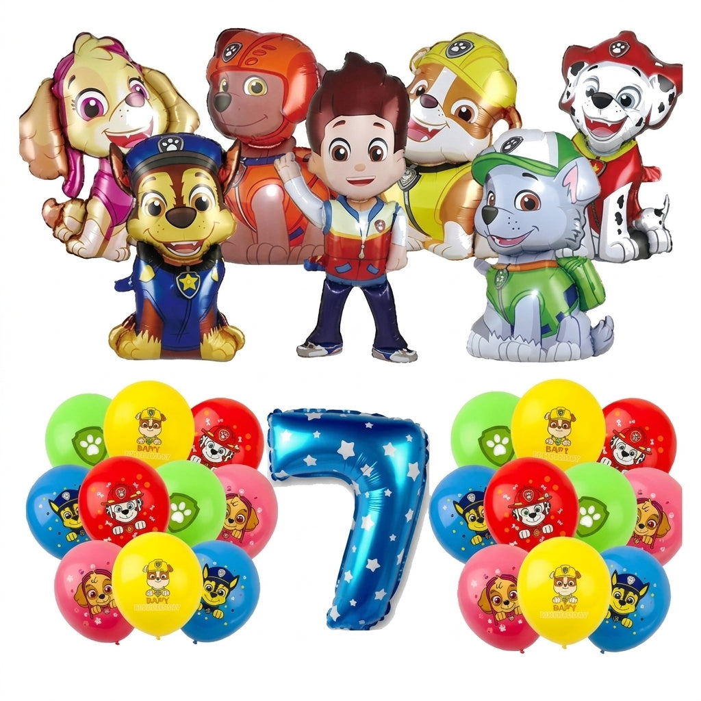 Ballon chiffre Pat Patrouille n°7 avec ballons assortis multicolores