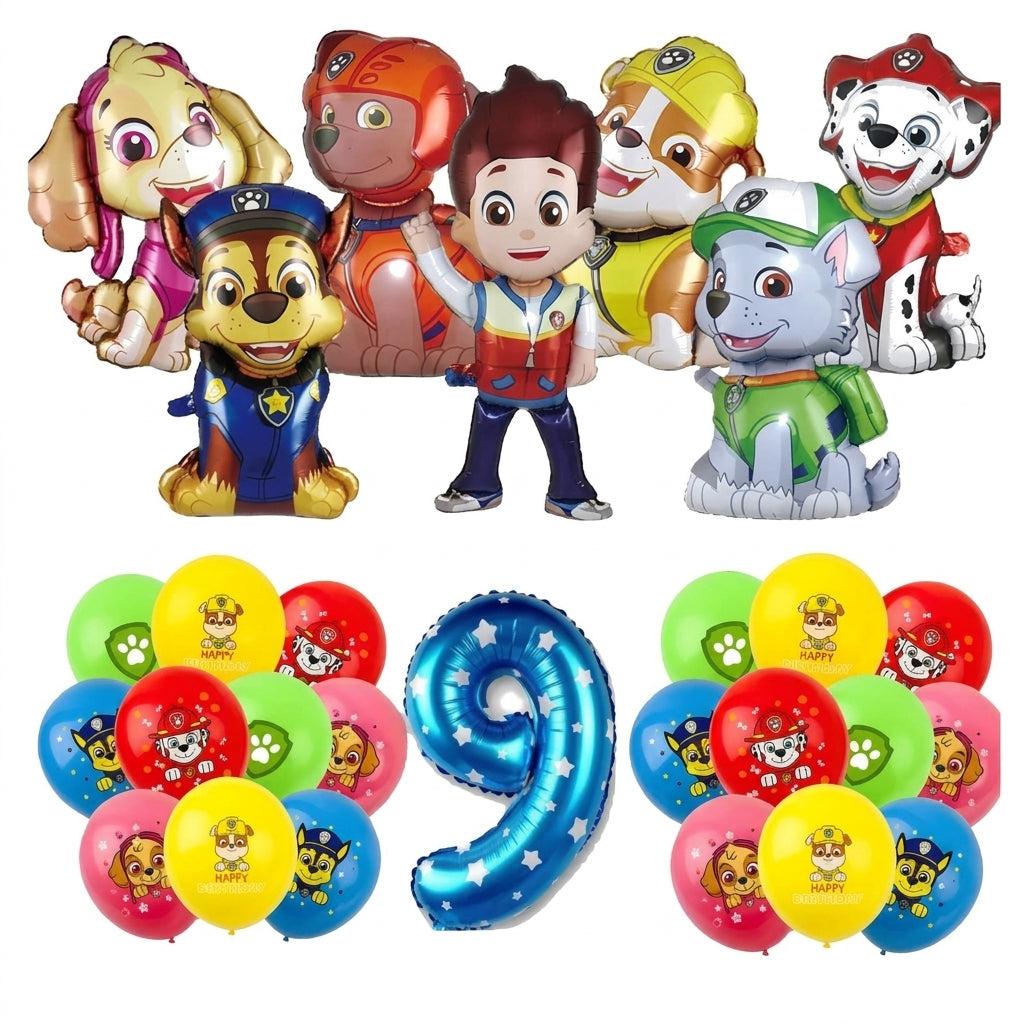 Ballon chiffre Pat Patrouille n°9 avec ballons assortis multicolores