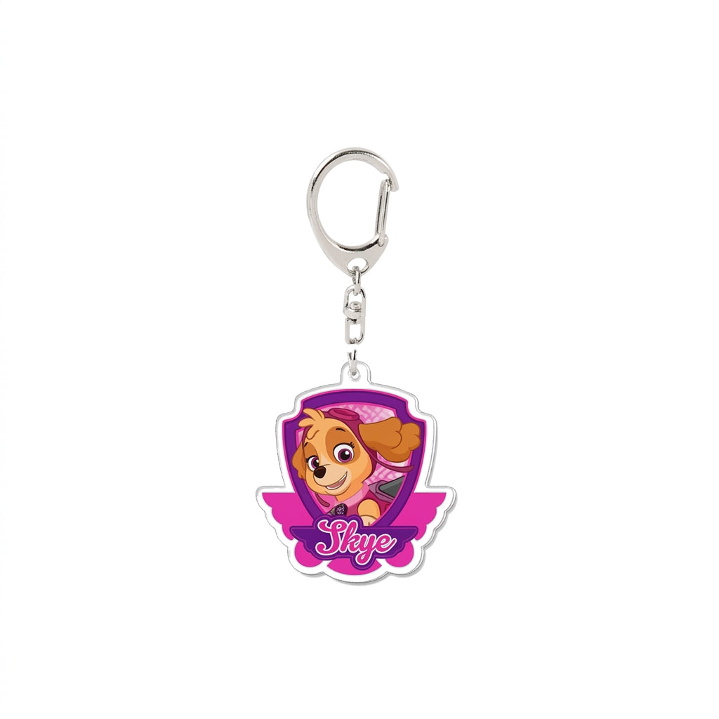 Porte-clés écusson Pat Patrouille avec personnage Skye violet, anneau et attache métal