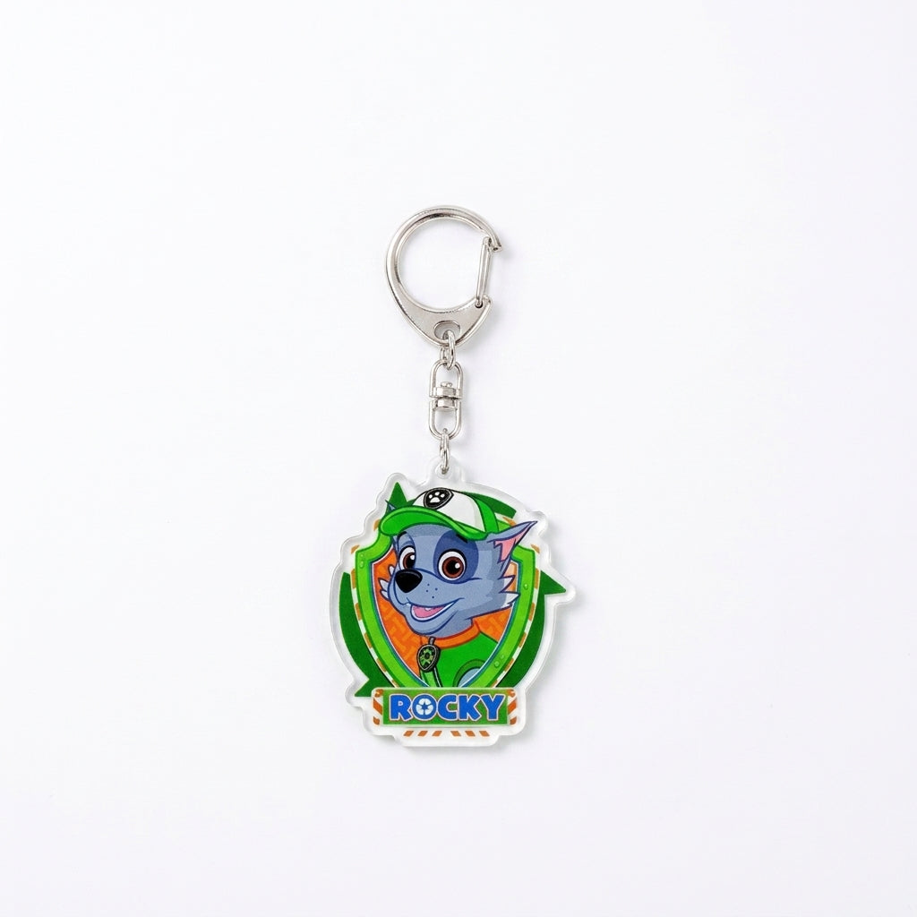 Porte-clés écusson Rocky, anneau et chaînette métal, chien bleu et vert
