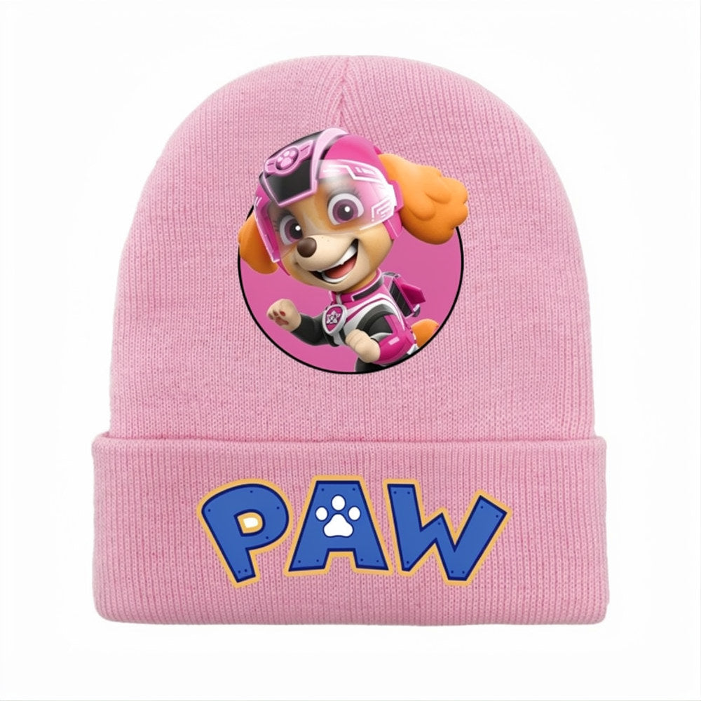 Bonnet en maille rose avec personnage Stella et logo « PAW ».