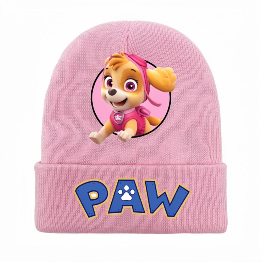 Bonnet rose clair en maille avec motif Pat Patrouille et inscription « PAW »