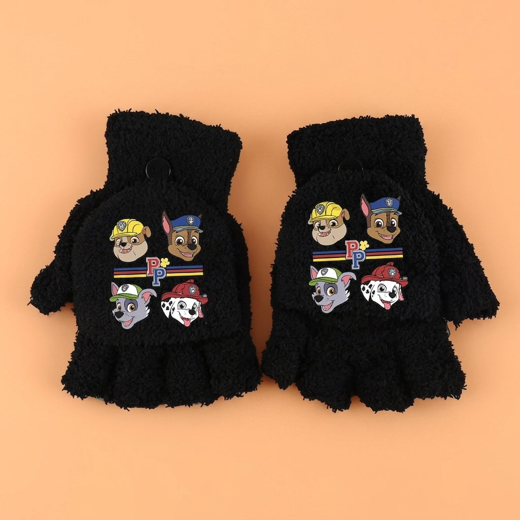 Paire de gants noirs en peluche, poignets courts, personnages Pat Patrouille