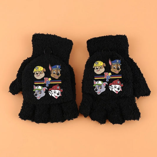 Paire de gants noirs en peluche, poignets courts, personnages Pat Patrouille