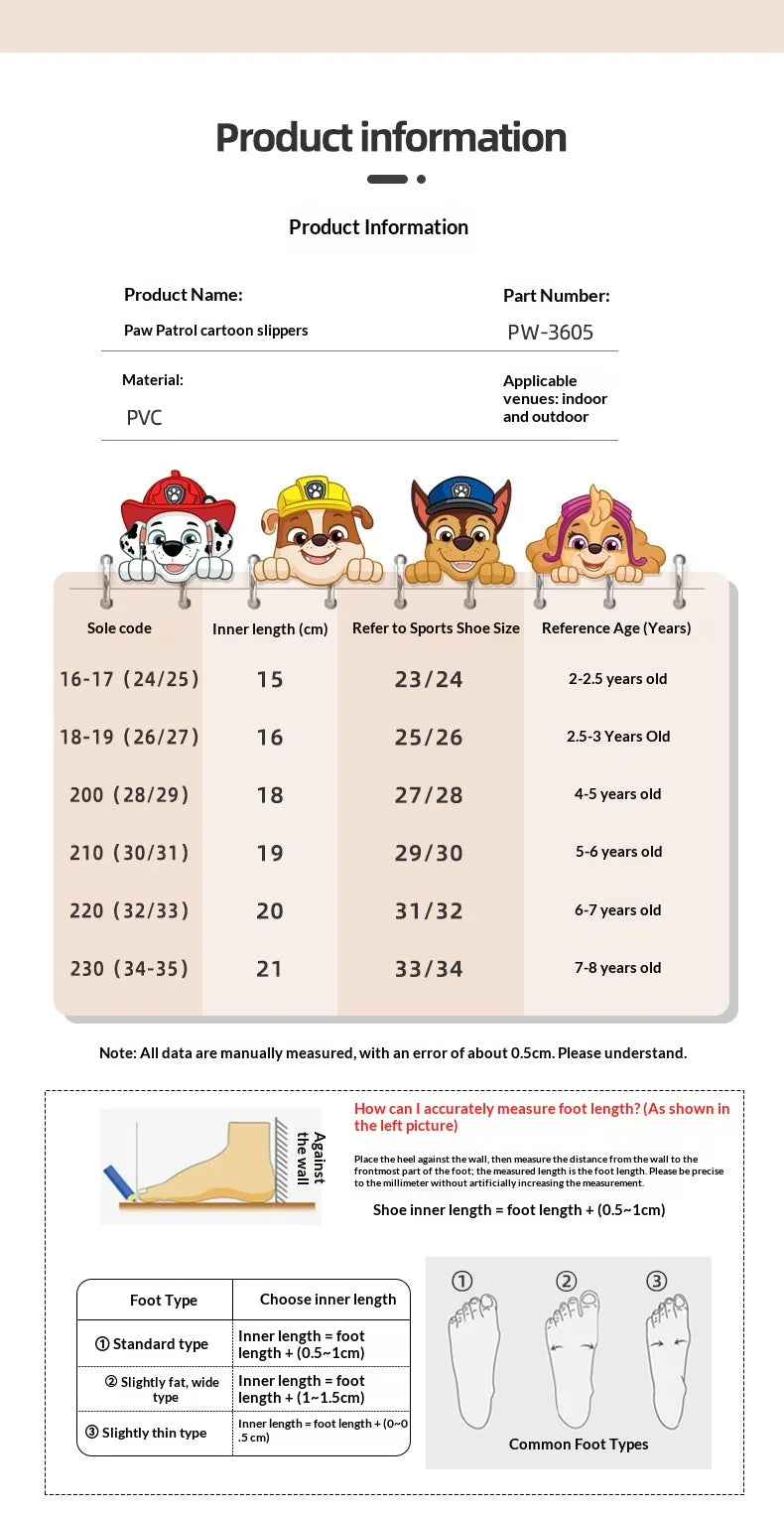 Guide des tailles des pantoufles Marcus pompier Pat Patrouille, tableau et conseils d’ajustement