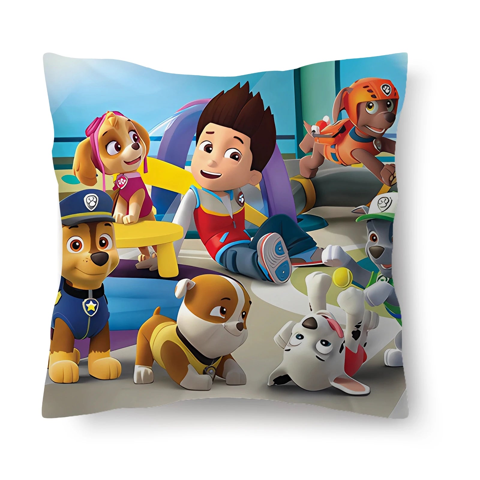 Coussin décoratif à motif Pat Patrouille avec Ryder et chiots sur fond piscine