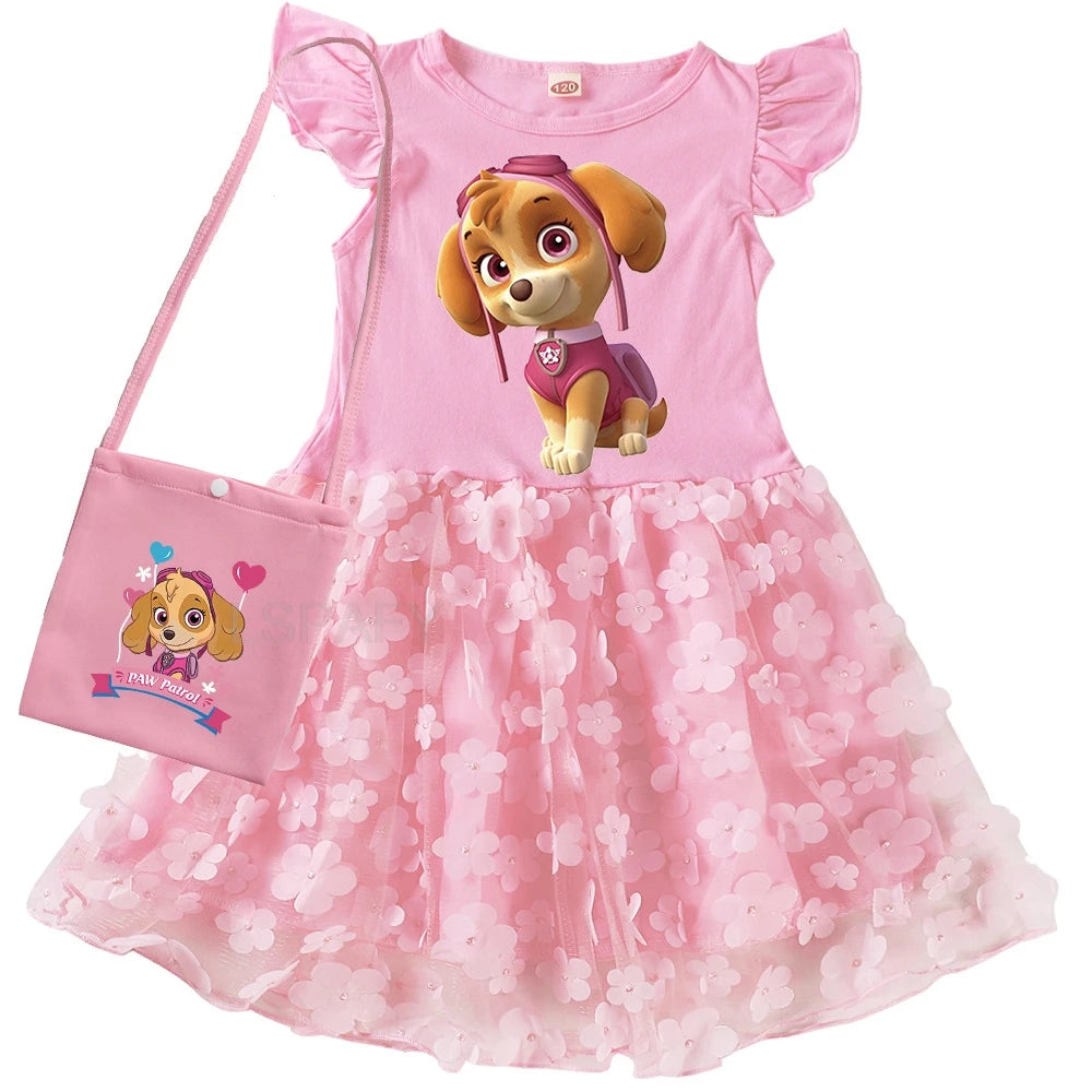 Robe Pat' Patrouille pour fille, Stella, jupe rose à fleurs et pochette rose, manches volantées