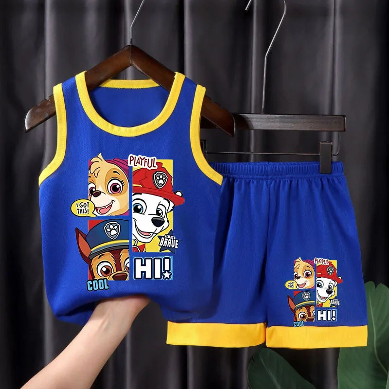 Ensemble sport Pat' Patrouille en maille, débardeur et short bleus à liseré jaune, Chase, Stella et Marcus « Cool Pups »