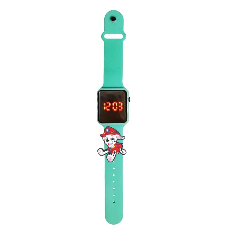 Montre LED enfant Pat Patrouille, bracelet turquoise en silicone, écran digital rouge.