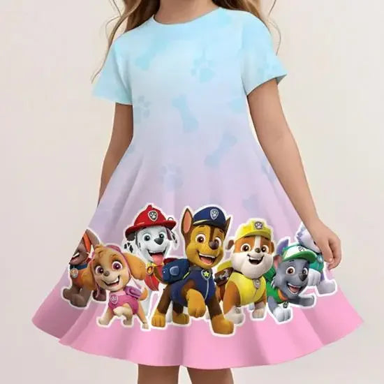 Robe Pat Patrouille bleu clair dégradé, imprimé chiots, jupe évasée