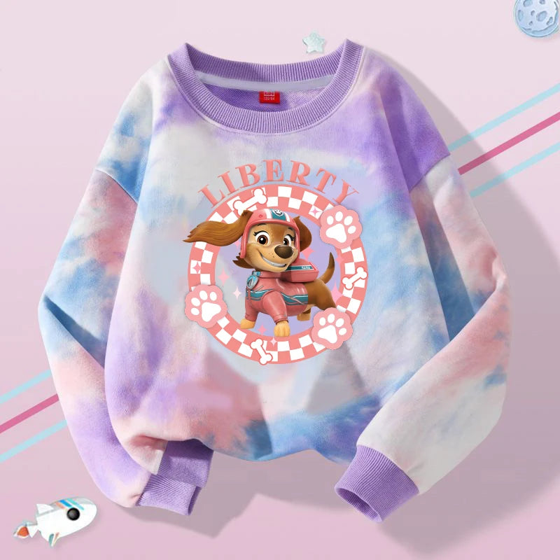 Pull molleton tie-dye violet/bleu, col rond et imprimé chien « LIBERTY »