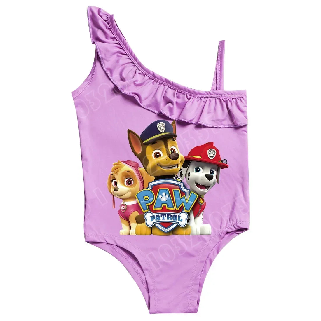 Maillot de bain fille violet une pièce, volants aux épaules, motif Pat Patrouille.