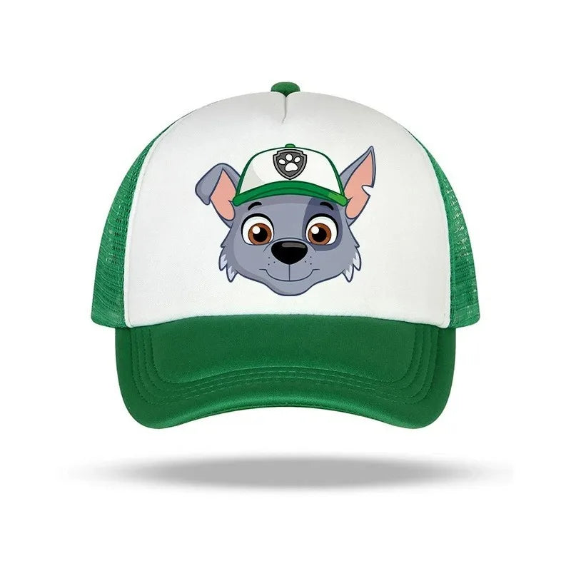 Pat Patrouille Rocky cap with white front, green mesh back, and dog patch