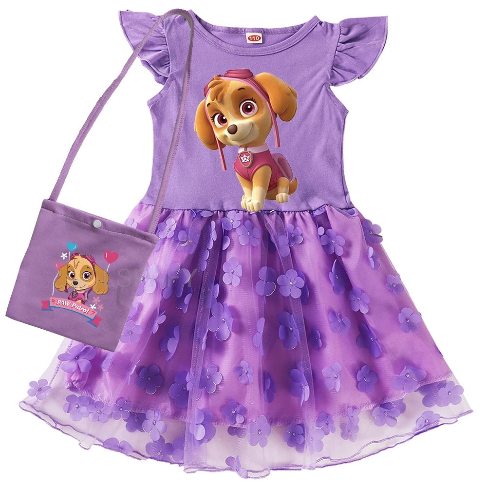Robe Pat' Patrouille pour fille, Stella, jupe violette à fleurs et pochette violette, manches volantées