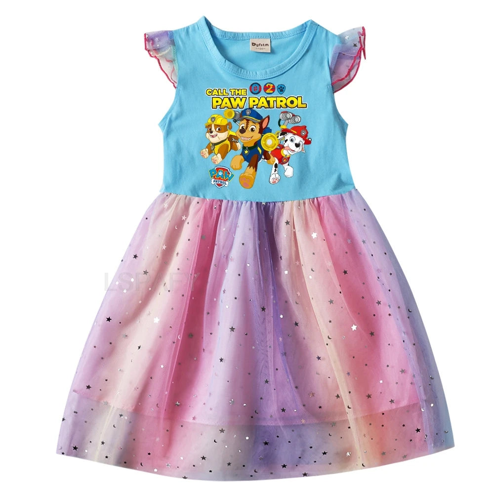 Robe Pat' Patrouille pour fille, haut bleu imprimé toute l'équipe sous le logo et jupe en tulle arc-en-ciel