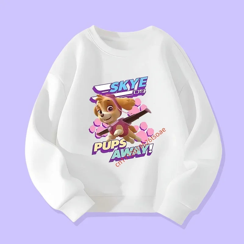 Pull blanc enfant avec motif Skye et texte « Pups Away! »
