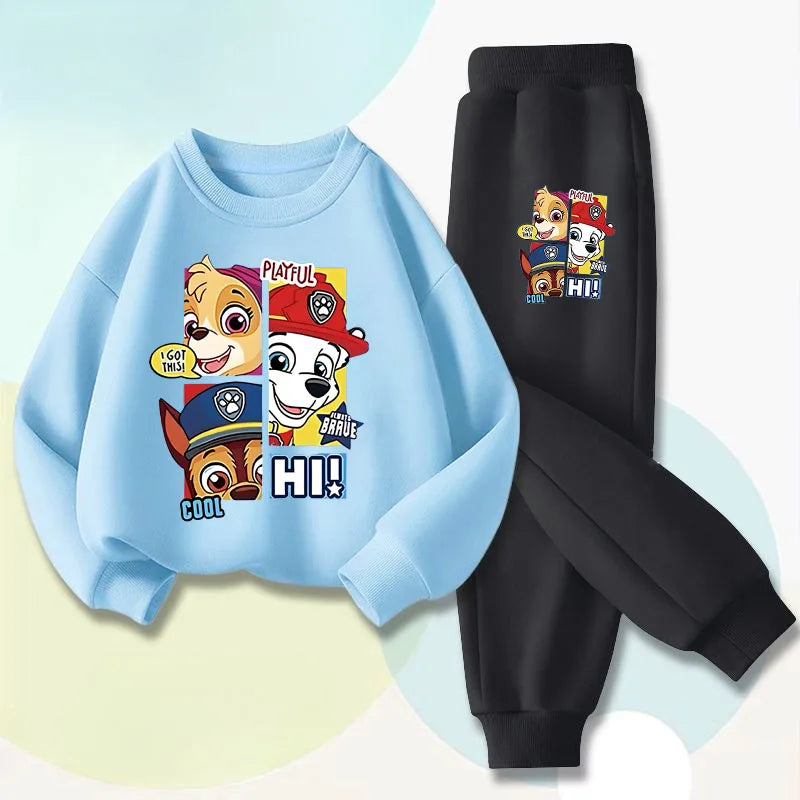 Ensemble sweat bleu clair et pantalon de jogging noir, motif chiots multicolore «HI»