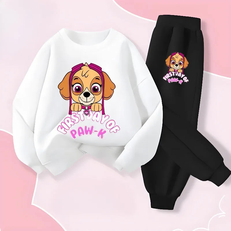 Ensemble fille sweat blanc et pantalon noir, imprimé chiot « First Day of Paw »