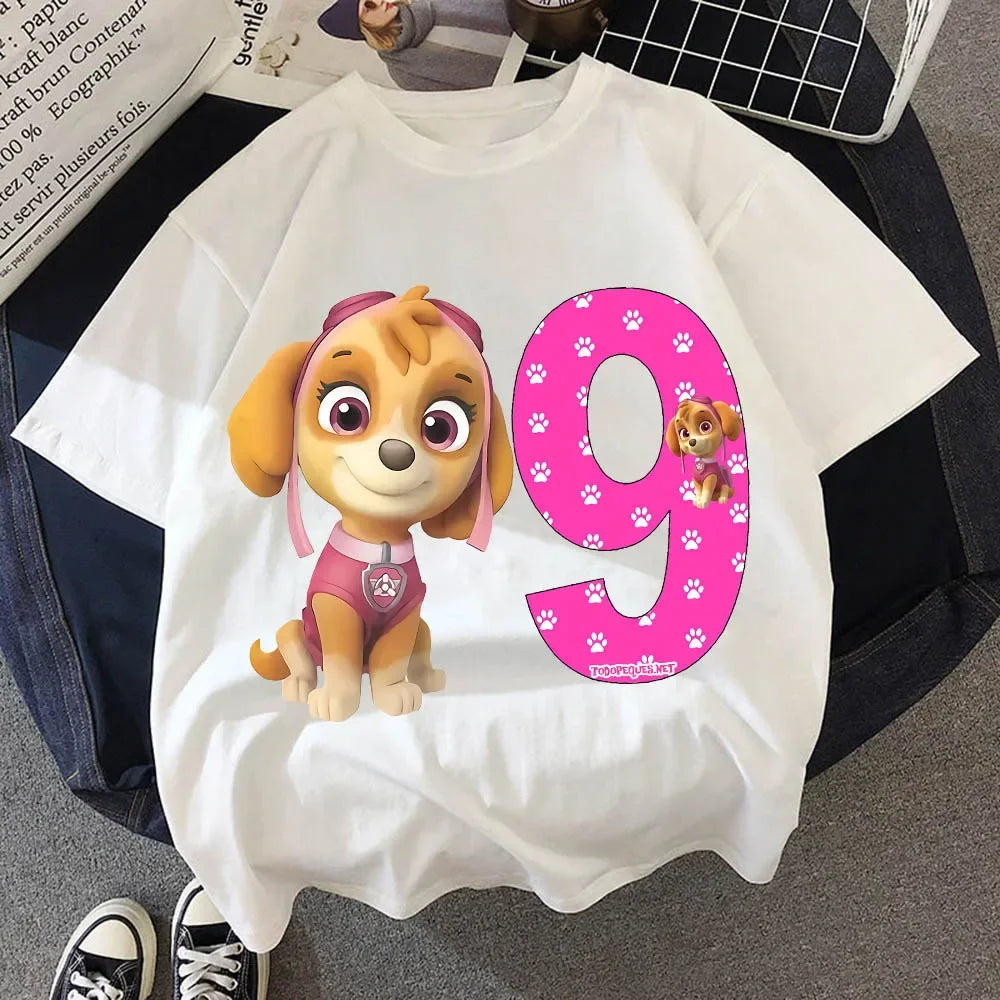 T-shirt d'anniversaire Pat' Patrouille blanc, 9 ans, Stella à côté du chiffre de l'anniversaire en rose