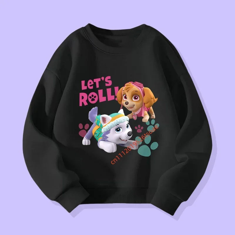 Pull enfant noir à manches longues, imprimé Pat' Patrouille avec chien et personnage.
