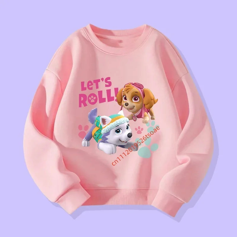 Pull enfant rose à manches longues, imprimé Pat' Patrouille avec chien et personnage.