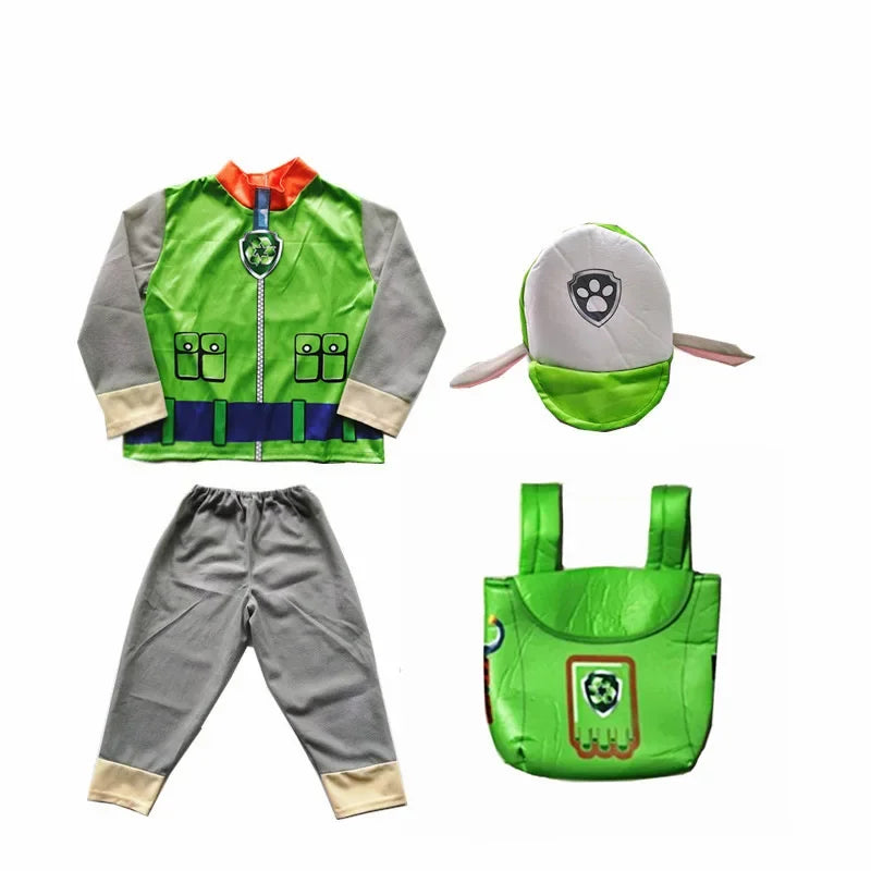 Déguisement Pat' Patrouille Rocky pour enfant en 4 pièces : veste verte, pantalon gris, casquette et sac verts
