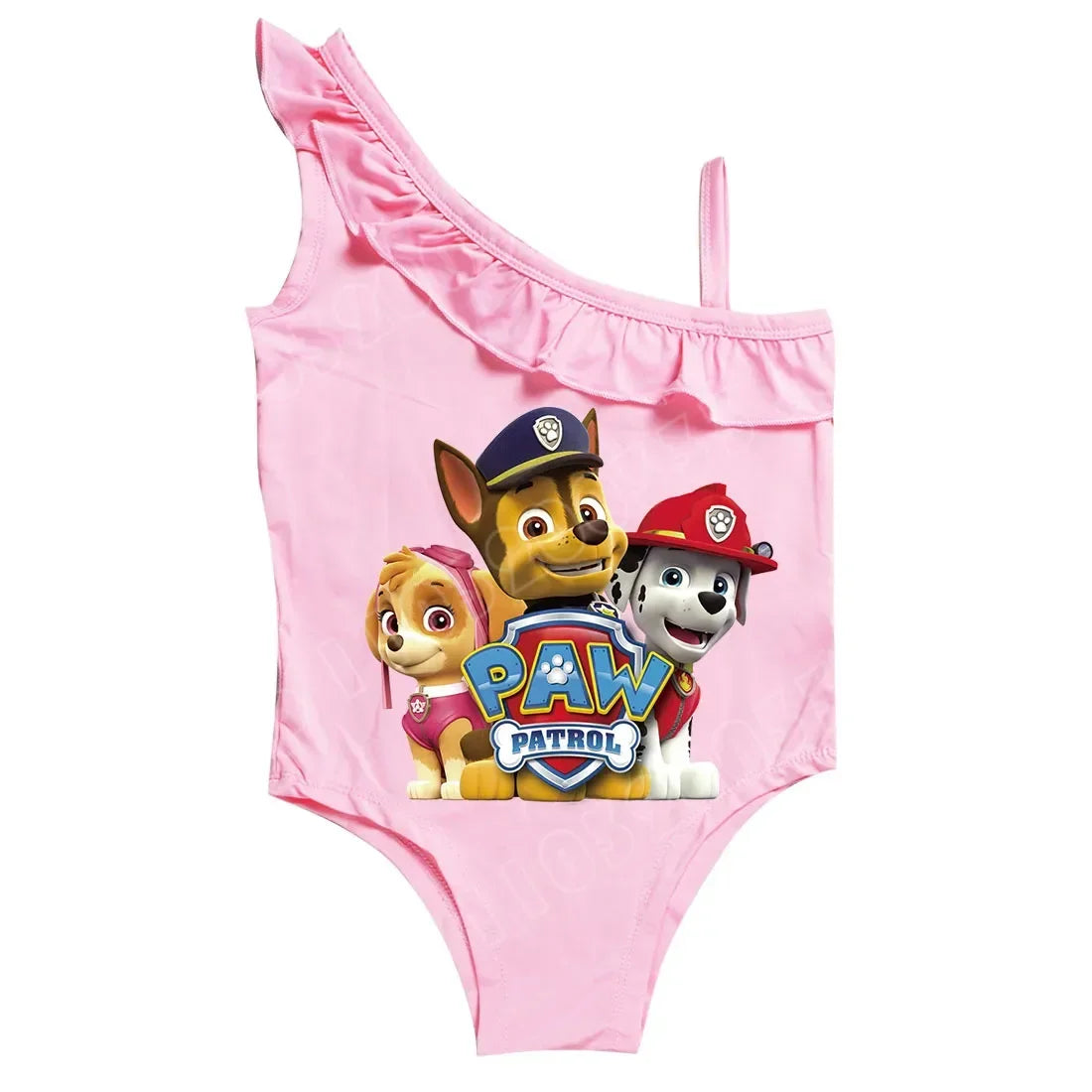 Maillot de bain fille rose clair une pièce, volant et motif Pat' Patrouille