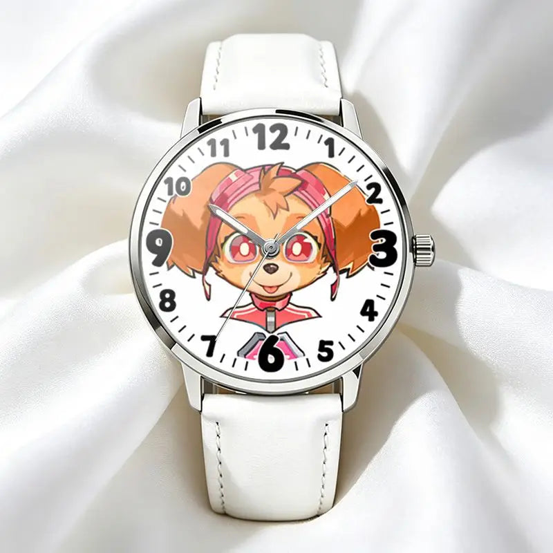 Montre Pat Patrouille Stella la pilote, cadran rond et bracelet blanc, personnage style chibi
