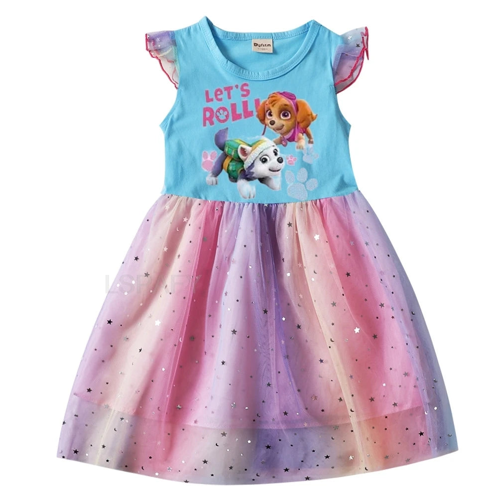 Robe Pat' Patrouille pour fille, haut bleu imprimé Stella et Everest « Let's Roll » et jupe en tulle arc-en-ciel