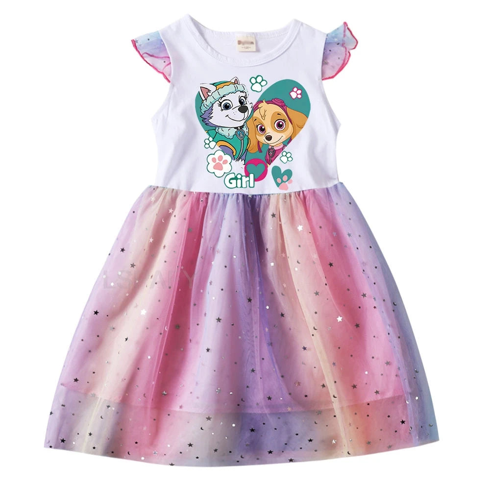Robe Pat' Patrouille pour fille, haut blanc imprimé Everest et Stella dans un cœur « Girl » et jupe en tulle arc-en-ciel