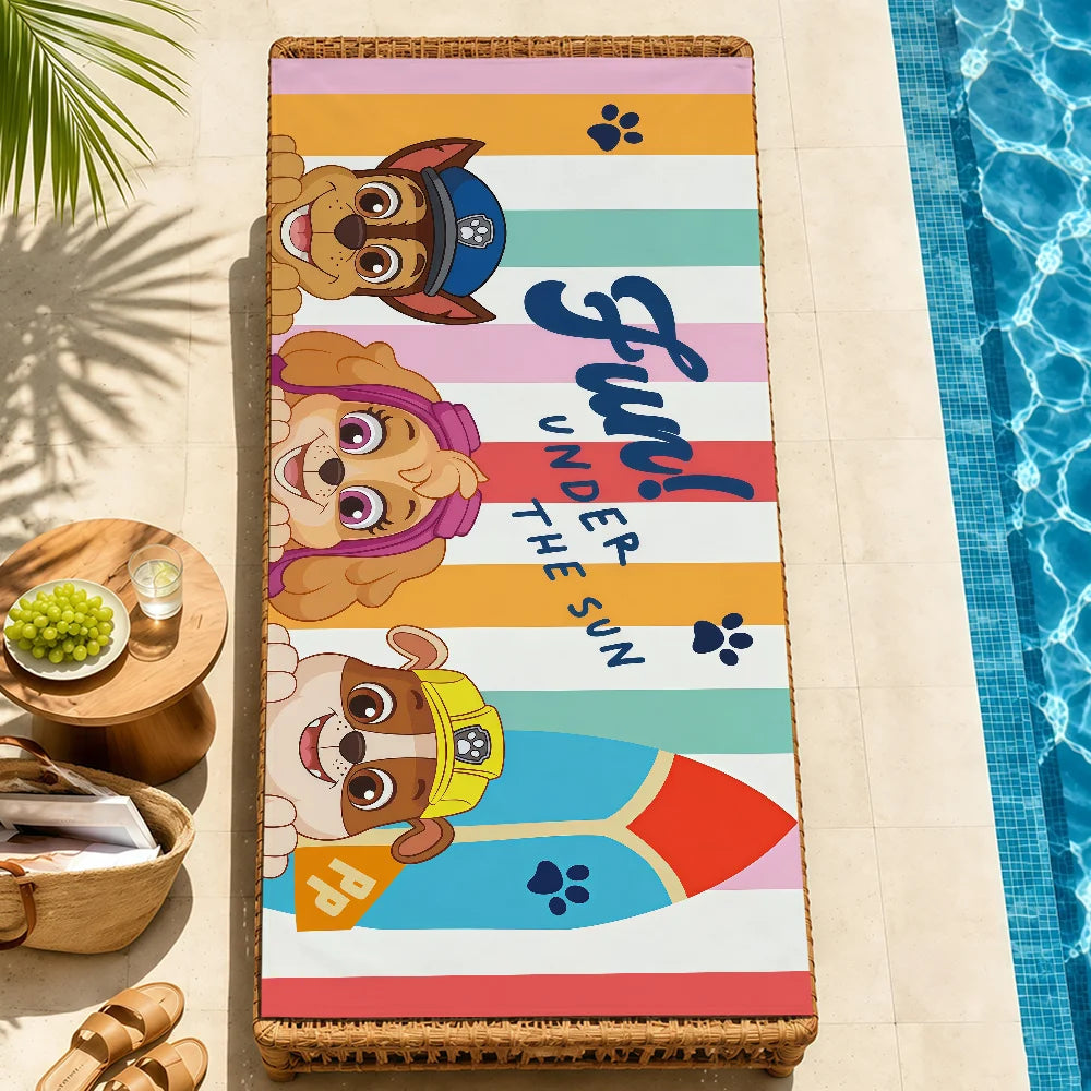 Serviette de plage Pat Patrouille rectangulaire, rayures multicolores et chiots dessinés