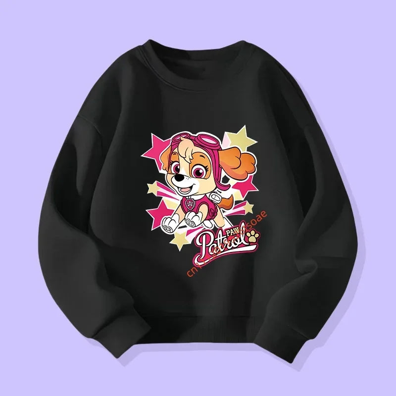 Pull noir à manches longues avec applique Pat'Patrouille et étoiles multicolores.